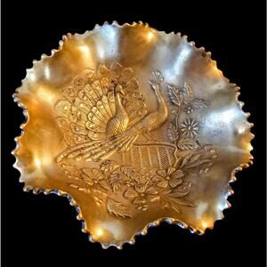 Northwood Extremely Rare Peacocks on the Fence Brass Bowl Free Shipping